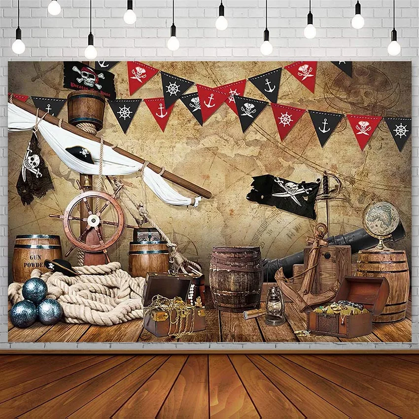 Pirate Photo Backdrop Ship Skull Island Old Grunge Map Navigation Adventure Boy Birthday Party Photophone Photography Background