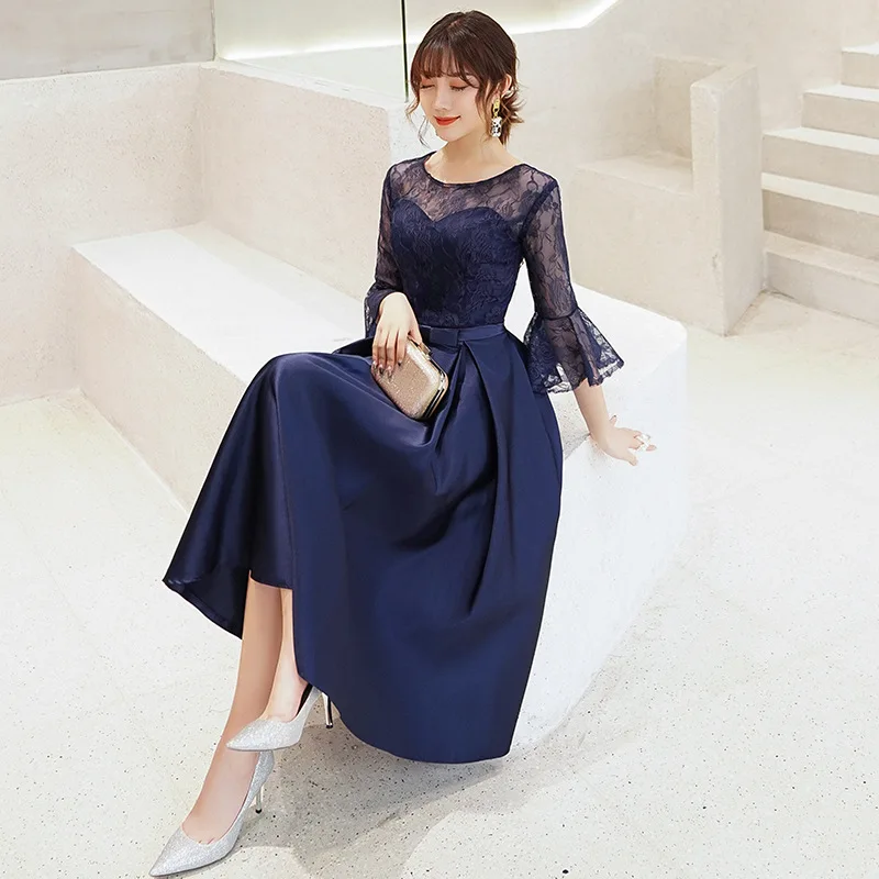 

2020 New Fashion Evening Dress Illusion O-neck Half Sleeve Lace Tea Length with Sashes Prom Party Dresses Robe De Soiree