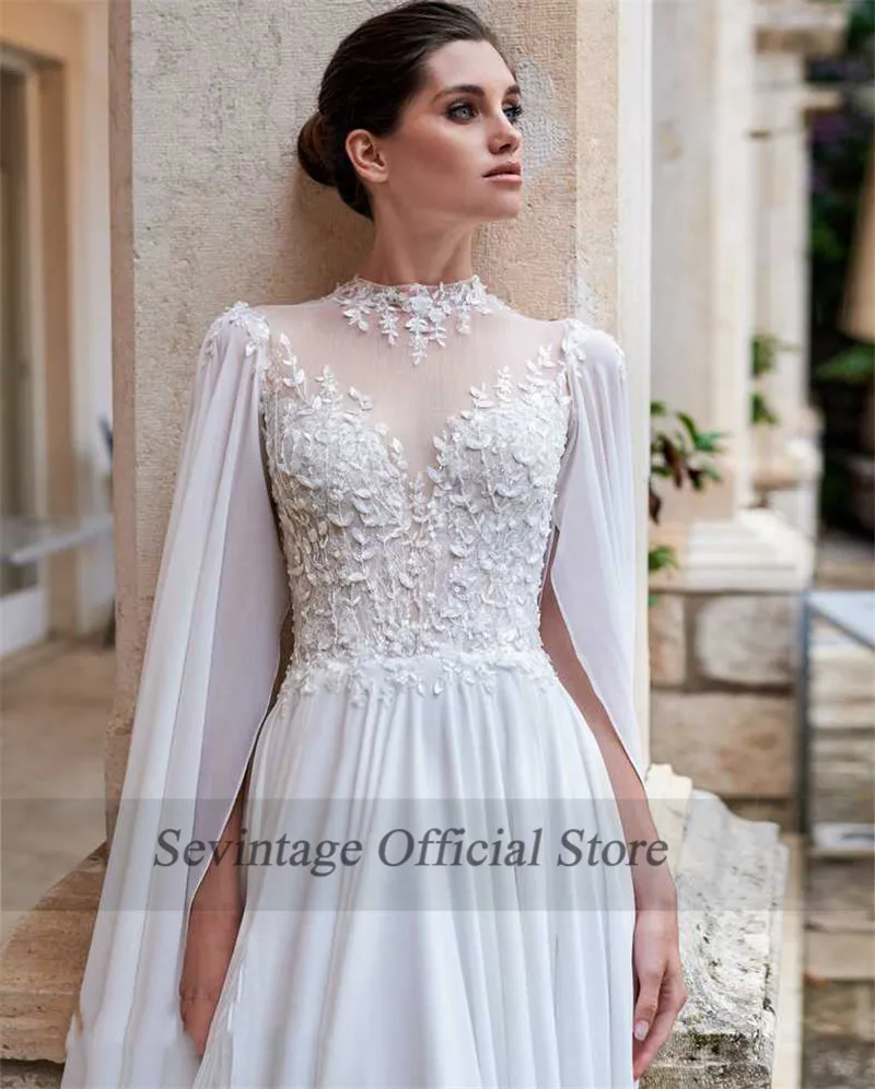 Sevintage Collo Alto in Chiffon di Boho Abiti da Sposa Più Il Formato Beach Pizzo Abiti da Sposa con Watteau Treno Backless Vestido De Noiva