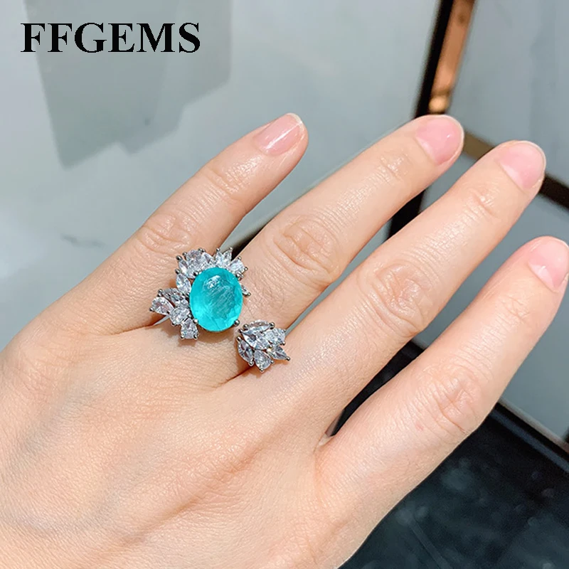 FFGems Vintage Silver create Paraiba Tourmaline Gemstone Wedding Diamonds big oval Rings for women Gift Fine Jewelry Wholesale