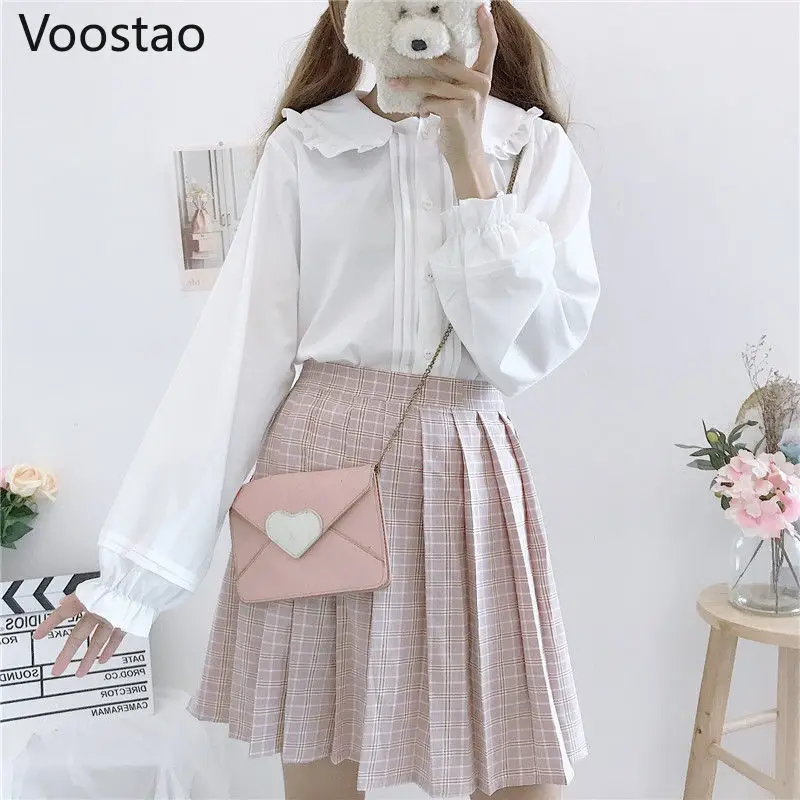 Autumn Winter Japanese Style Lolita Shirts Girly Peter Pan Collar Lantern Long Sleeve Tops Women Sweet Blouses Wear With Dress