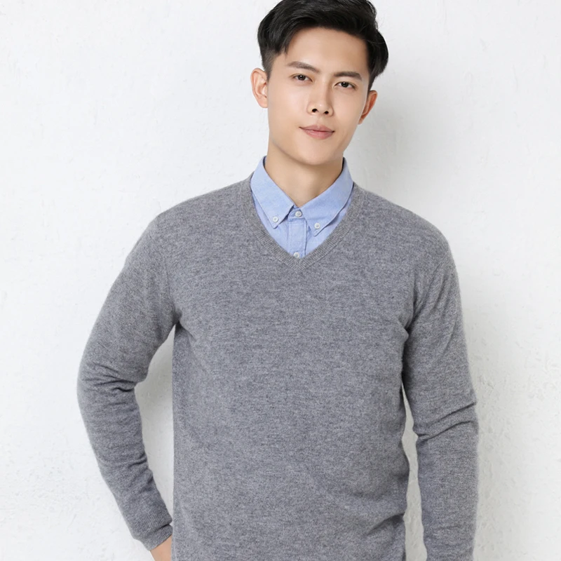 Nguyên Chất 100% Dê Cashmere Dệt Kim Dây Nhảy Hạng Người Áo Len Mùa Đông Ấm Vneck Dài Tay Áo Thun Nam Tiêu Chuẩn Quần Áo