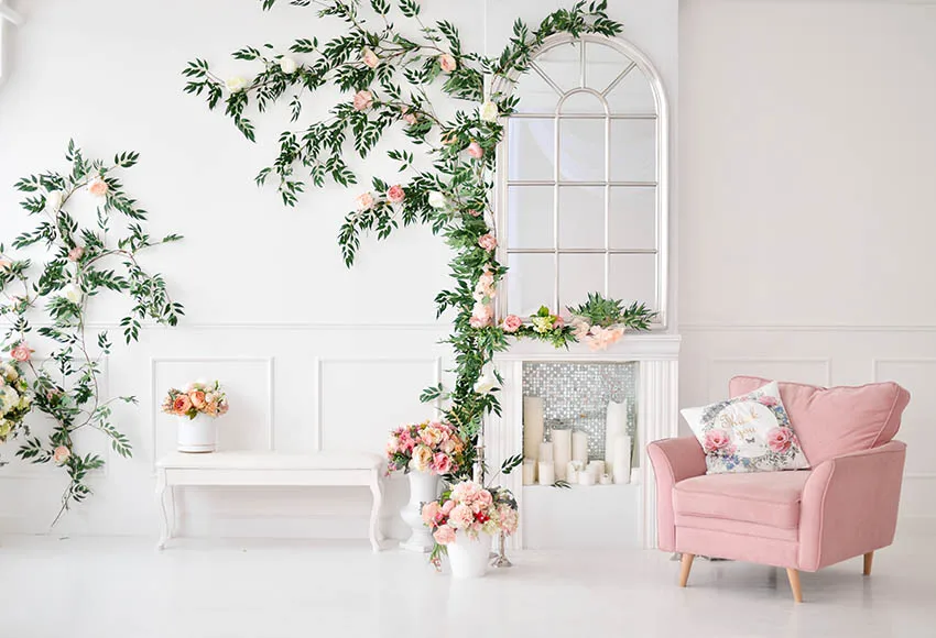 Mehofond Cưới Cô Dâu Tắm Chụp Ảnh Phông Nền Xanh Nhánh Hoa Màu Hồng Trắng Hình Lọ Lò Sưởi Ghế Sofa Nền Studio Chụp Ảnh
