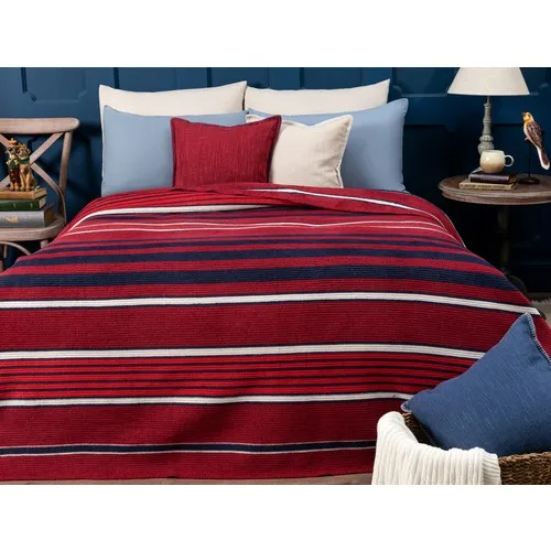 Madame Coco Bernelle Stripe Cotton Double Bed Blanket-Burgundy