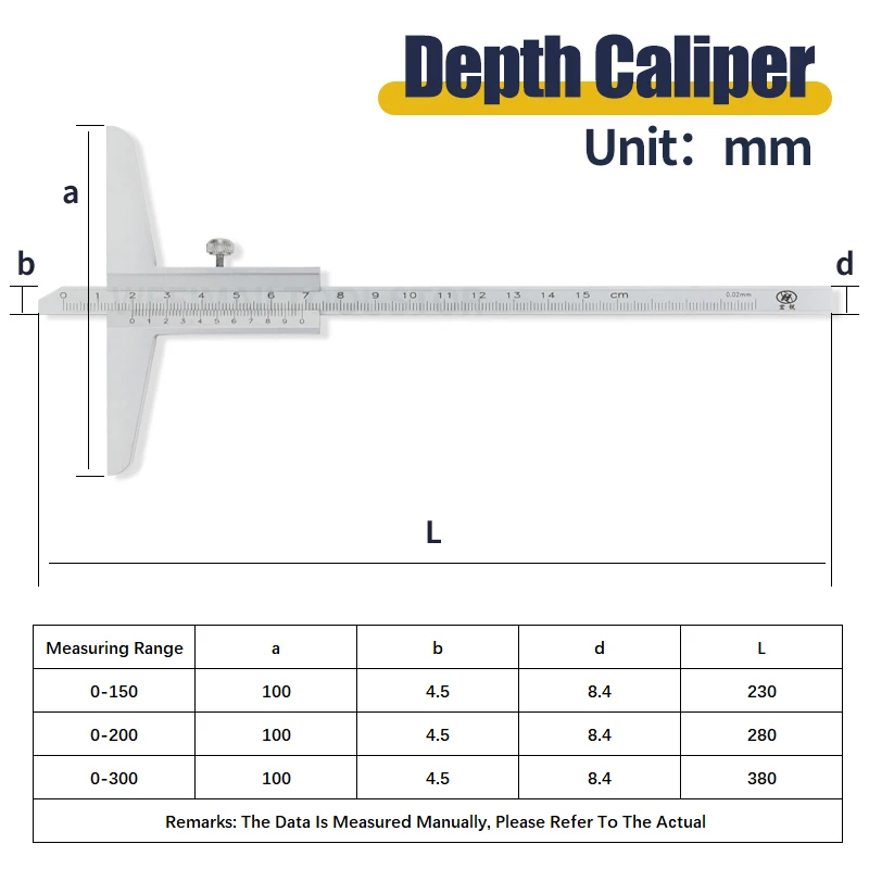 Depth Gauge Vernier Caliper Metal Calipers Woodworking Tools Caliber Measuring Tool Steel Gauges Depth Measurement 150 200 300mm