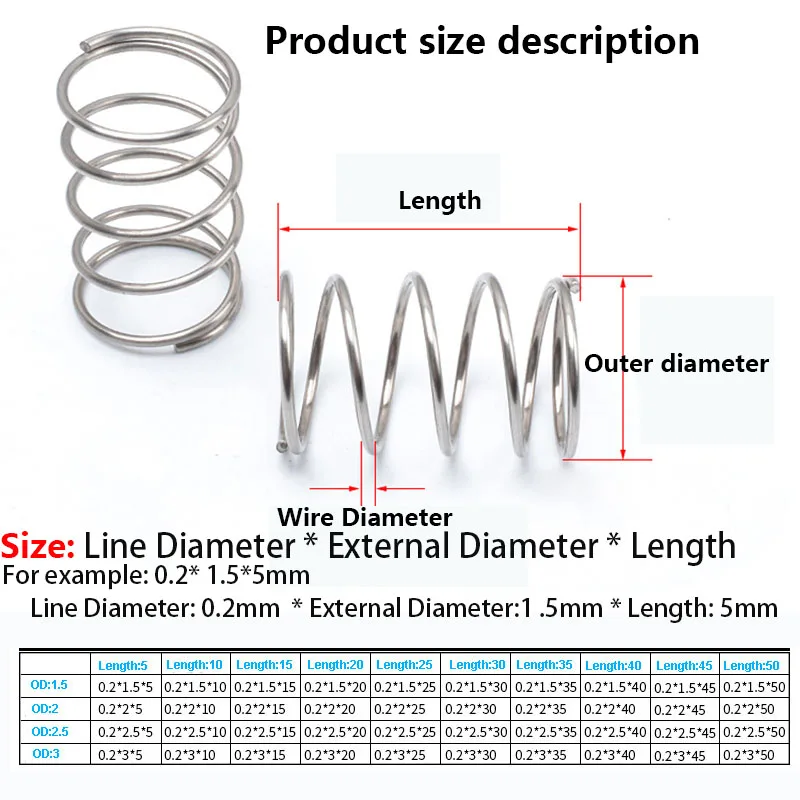 304 SUS Compressed SpringPressure Spring Outlet Store Line Diameter 0.2-0.3mm, External diameter 1.5-6mm Rotor Return Spring