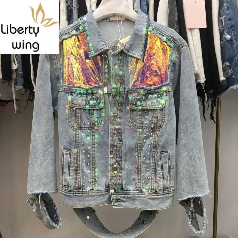 

Personality New Colorful Sequins Embroidered Flares Female Short Coats High Street Cuff Hole Ripped Loose Womens Denim Jackets