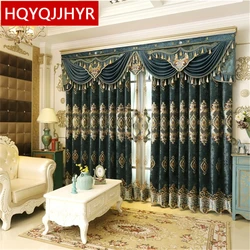 European high quality  blue green embroidered curtains for living room windows classic luxury elegant curtains for bedroom