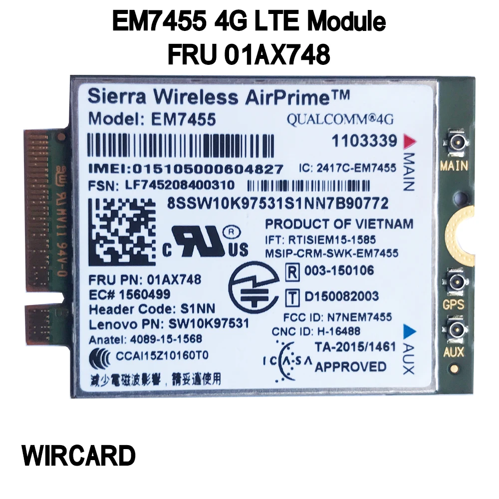 WIRCARD EM7455 FRU 01AX748 LTE 3G 4G Tarjeta de Thinkpad X1 carbono 5th gen X270 T470 T470S T470P t570 L570 L470 P51 P71