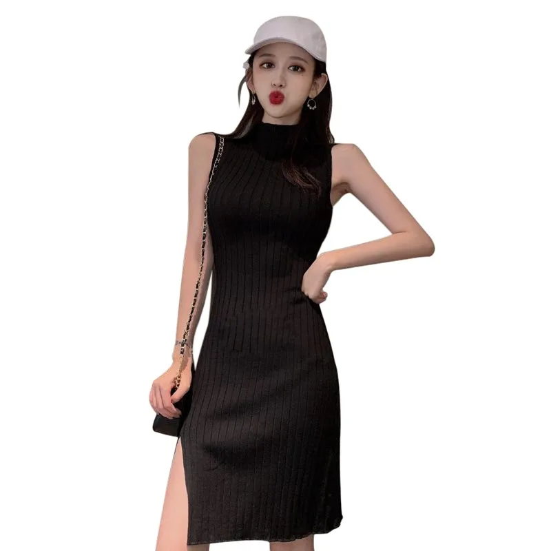 Sexy Slim Round Neck Knit Slit Dress For Women  Novel Chic Solid Color Sleeveless Knee-length Dress