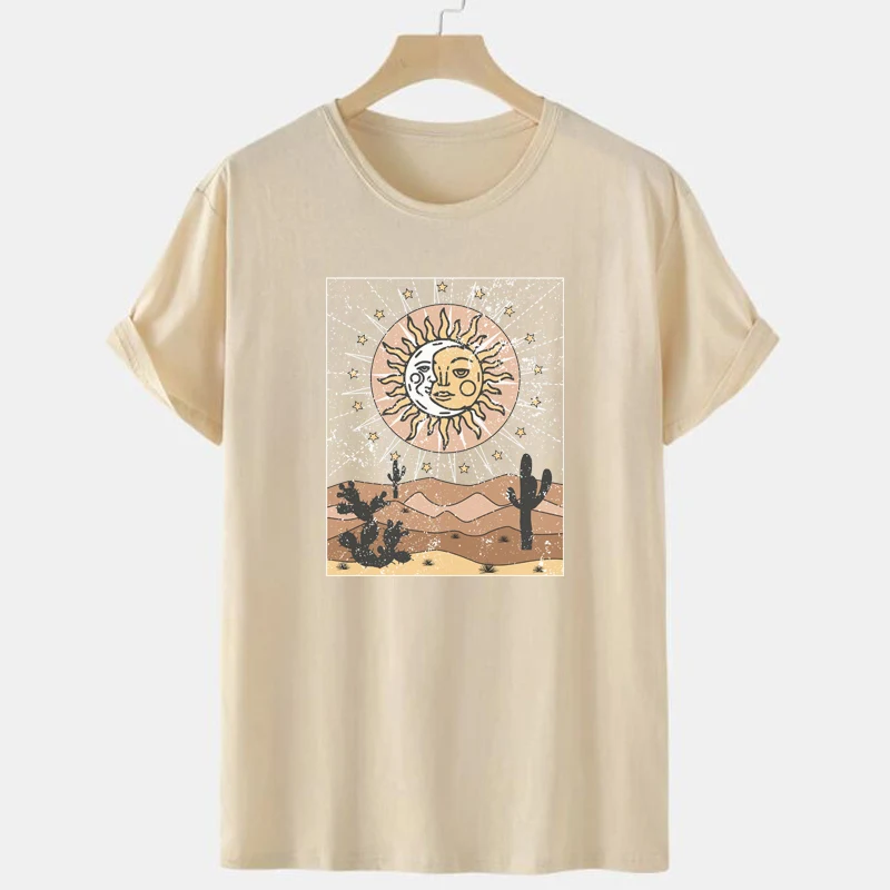 Słońce księżyc kaktus pustynia Retro T koszula Vintage styl Boho z krótkim rękawem damska koszulka Plus rozmiar estetyczny niebiański graficzny Tee