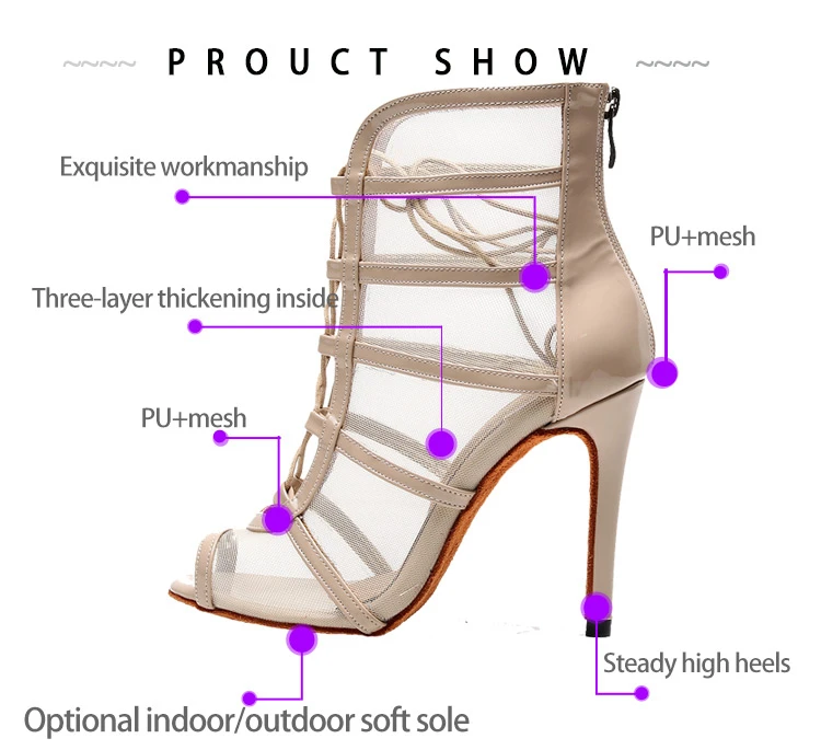 New Stye Jazz Salsa Ballroom Outdoor Practice Latin Dance Shoes for Women Dancing Newmen Stylish High Heel Pu Boots Net