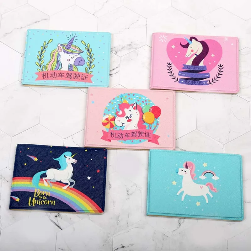 Cute Unicorn Animals Women PU Driver License Holder Leather Cover Car Driving Cover Business ID Pass Wallet Case Card Holder