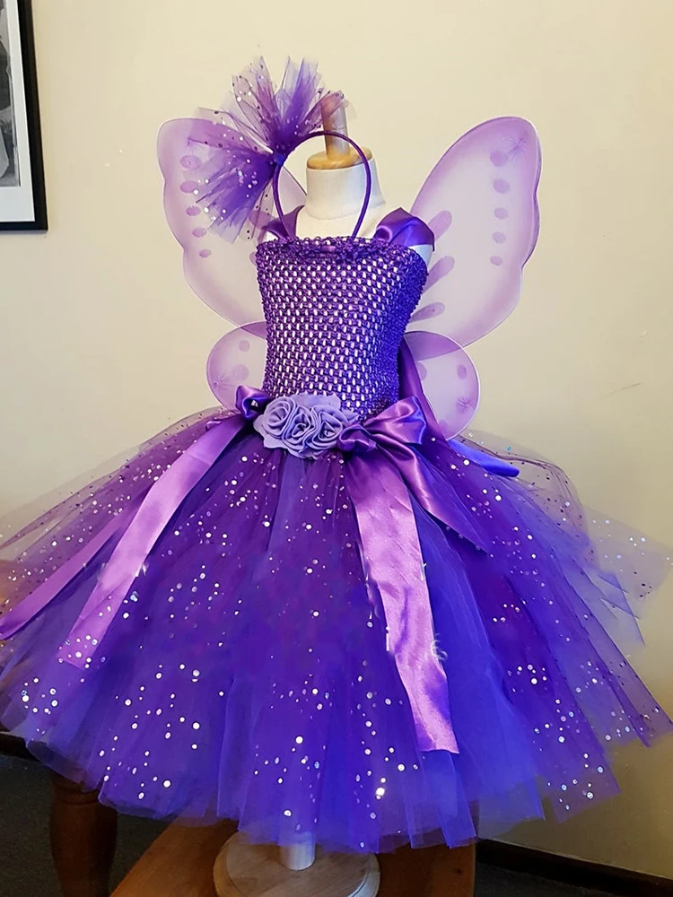 Girls Purple Butterfly Flower Tutu Dress Kids Glitter Tulle Dress Ball Gown with Wing Children Birthday Party Costume Dresses