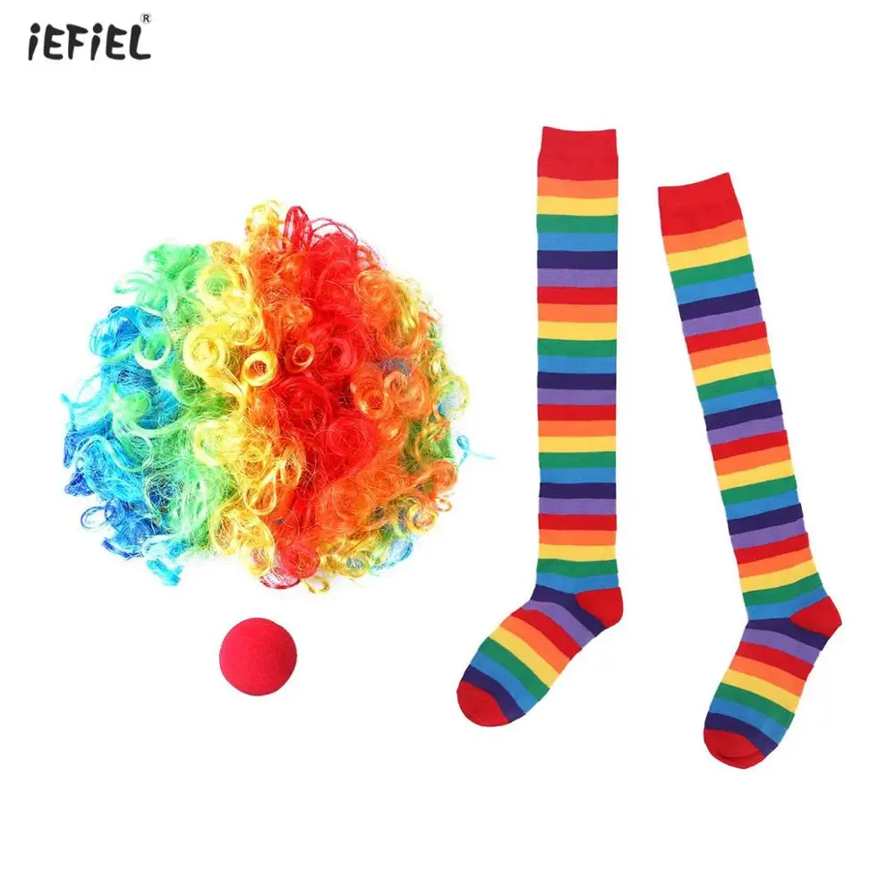 Halloween Christmas Party Decorations Funny Clown Cosplay Costumes Naughty Buffoon Dress Up Wig with Red Nose Rainbow Long Socks