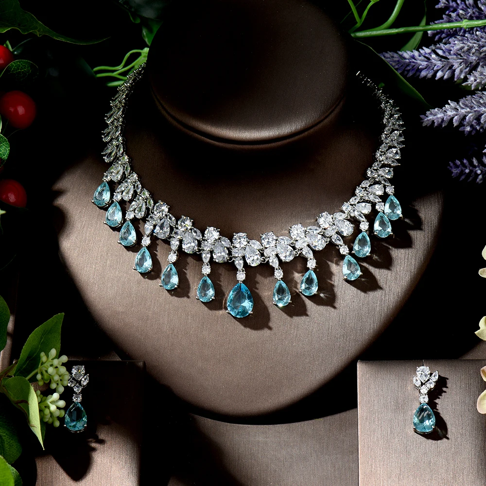 HIBRIDE Charming White Blue Water Drop Dubai Jewelry Sets Wedding Necklace Earrings Sets for Women Bijoux Bijoux Marriage N-1294