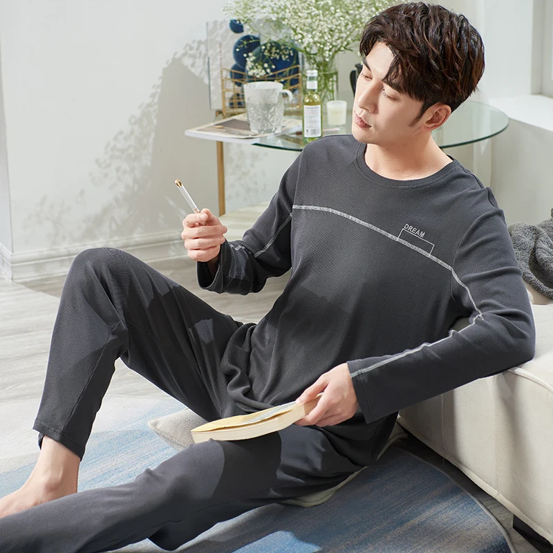 Modal Cotton Letter Sleepwear O-Neck Pajamas For Men Pijama Set Simple Fashion Long Sleeves Long Pants Loose Pyjamas Male M-3XL