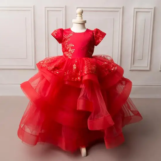 Robe de bal en dentelle et Organza pour filles, tenue de fête d'anniversaire, manches bouffantes, première Communion