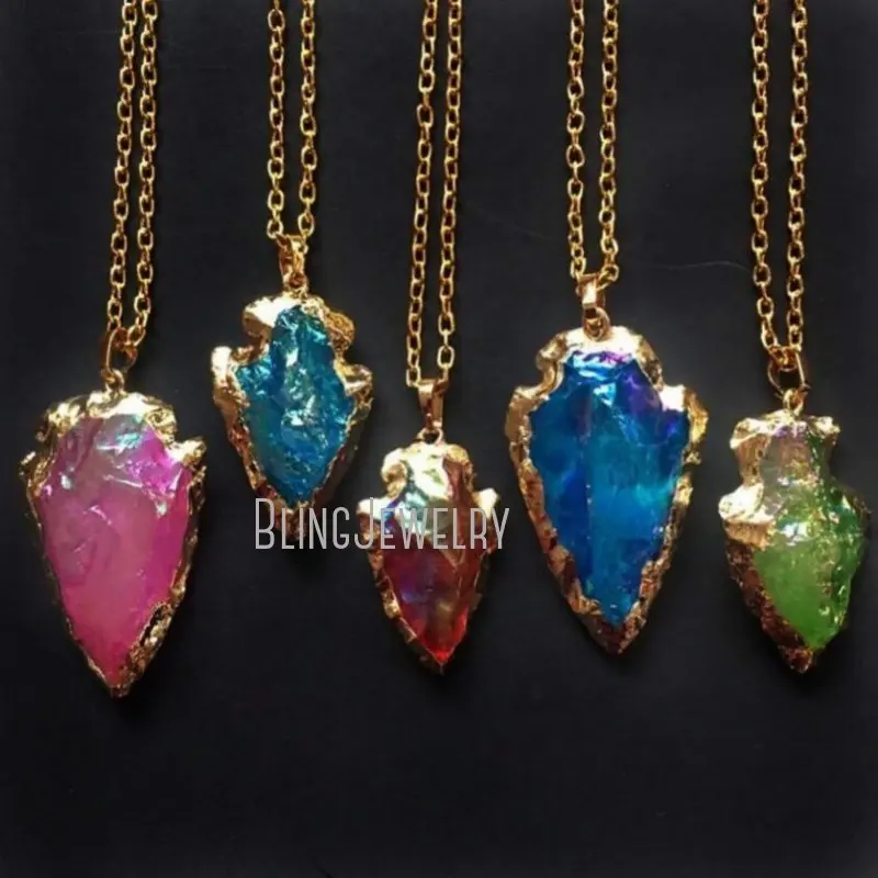 NM38560 Arrowhead Pendant Crystal  Colourful  Natural     Necklace Pink Red Blue