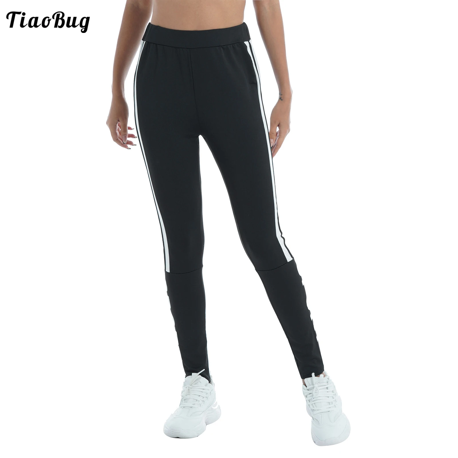 TiaoBug Spring Summer Autumn Black Women Sport Yoga Leggings High Waist Stripes Letters Print Stretchy Pants Fitness Trousers