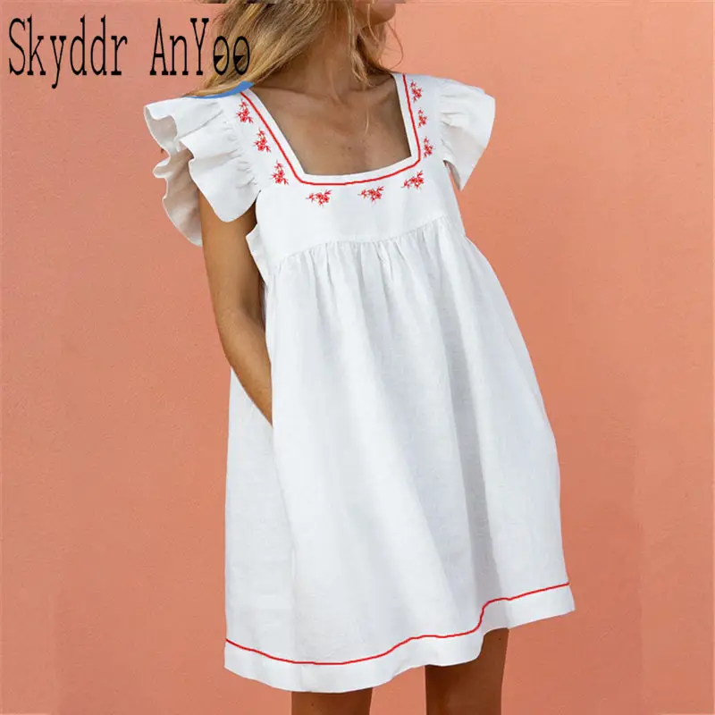 

Summer Dress 2024 Woman Mini White Dress Square Neck Butterfly Sleeve Korean Cute Dresses For Women Casual Loose Elegant Dress