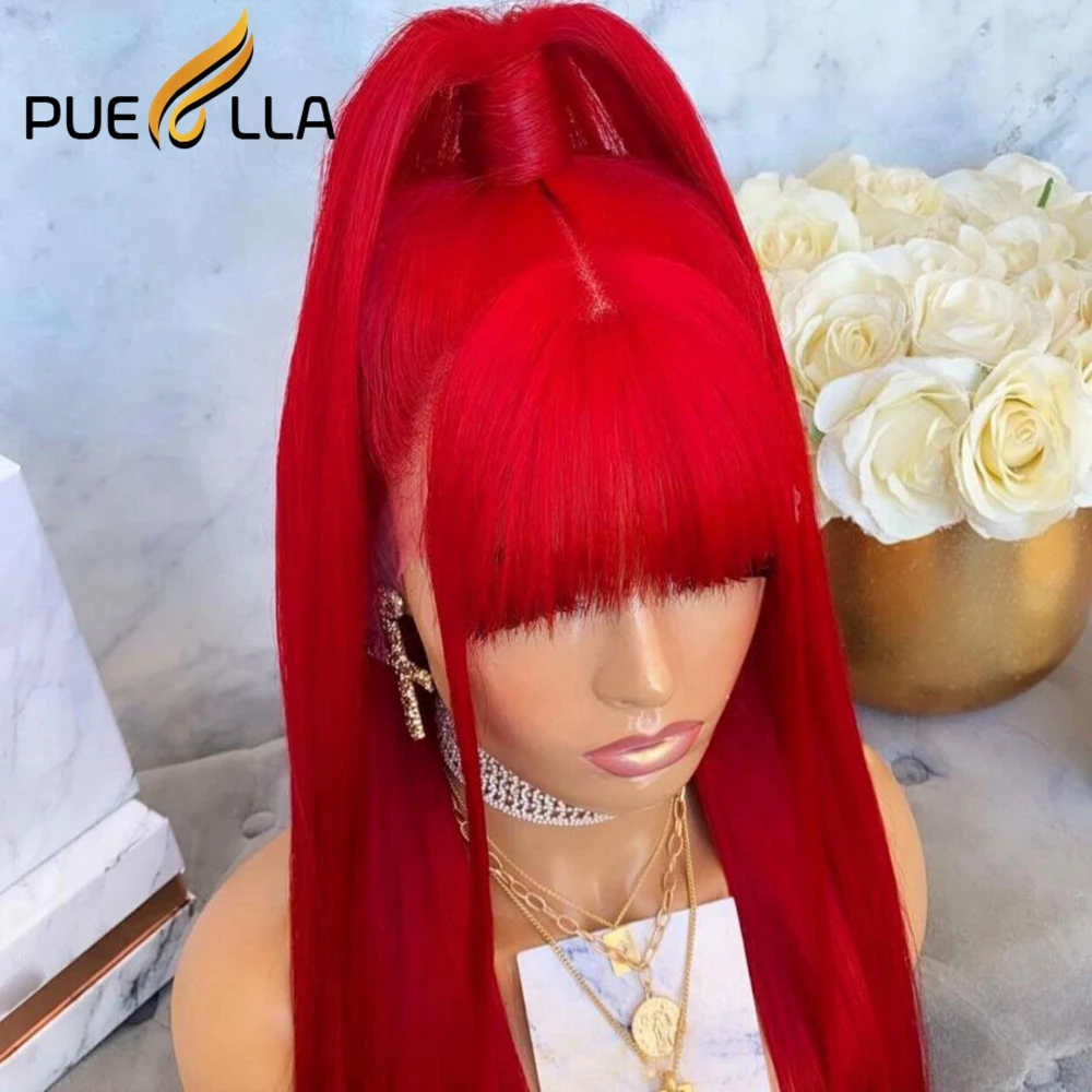 Wig rambut manusia renda depan merah 13x4 dengan poni rambut manusia renda lurus Brasil untuk wanita 13x6 Wig depan renda rambut manusia