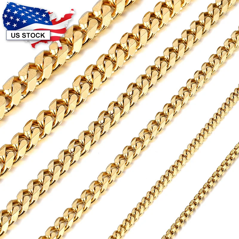 3 5 7 9 11mm Wide Stainless Steel Necklace For Men Women Choker Gold Silver Color Curb Cuban Chain 16 inch Jewelry LKN195USA