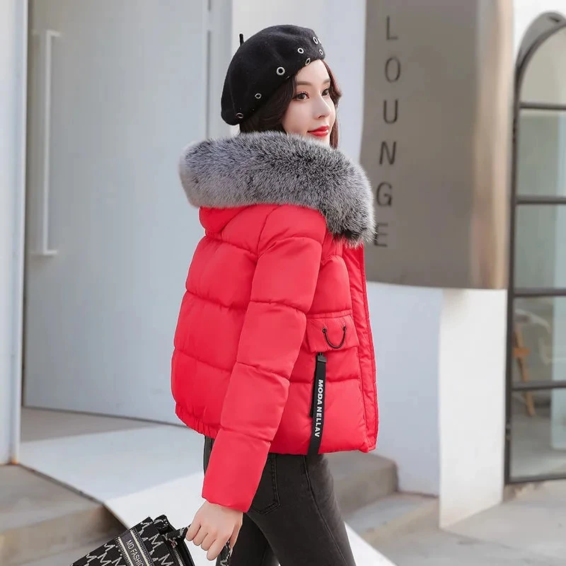 Cropped Jacket Women Slim Fur Collar Hooded Solid Color Zipper Winter Coat Thick Warm Cotton Padded Parkas Elegant Lady Outwear