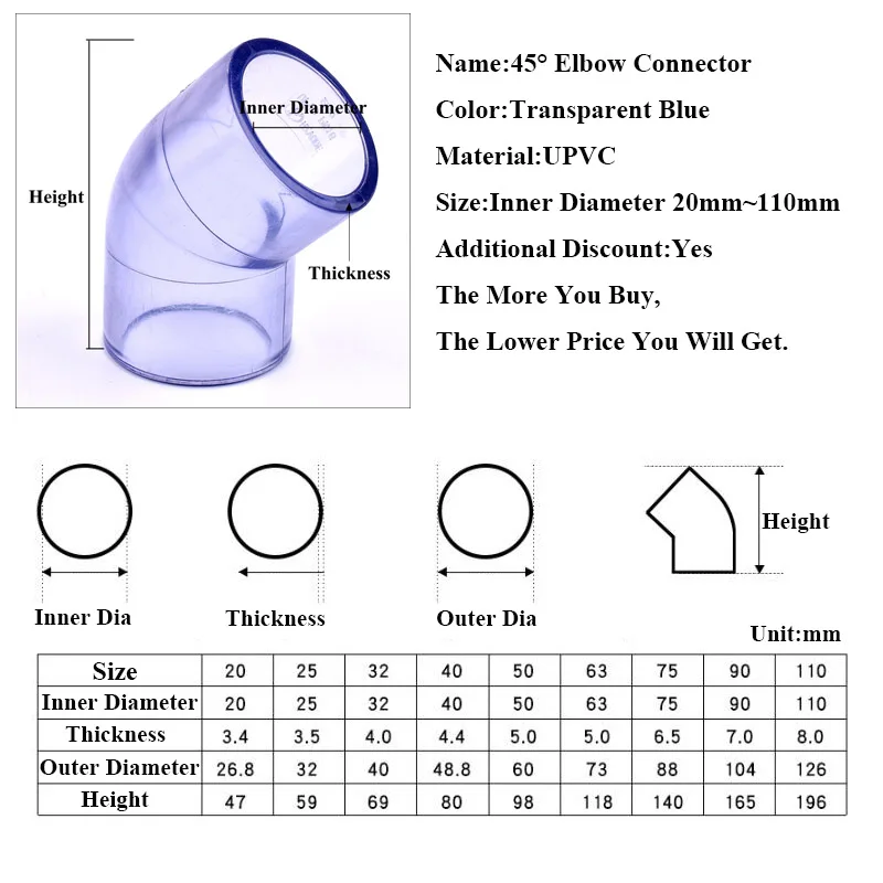 1pc I.D.20~110mm UPVC Transparent 45° Elbow Connector Garden Irrigation Aquarium Tank Tube Joints Watering Coulping Adapter