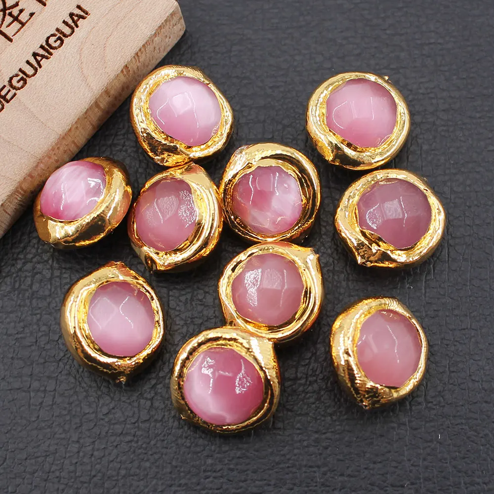 

APDGG 10Pcs 15MM Natural Pink Cat eye Loose Beads Gold Plated Connector Beads For Necklace Pendant Jewelry DIY