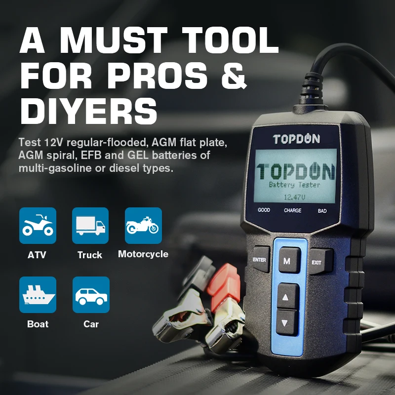 Tester Batteria TOPDON BT100W Bluetooth 12V, 100-2000 CCA, Test Di Avviamento E Carica Con Precisione Al 99.5% In 3 Secondi