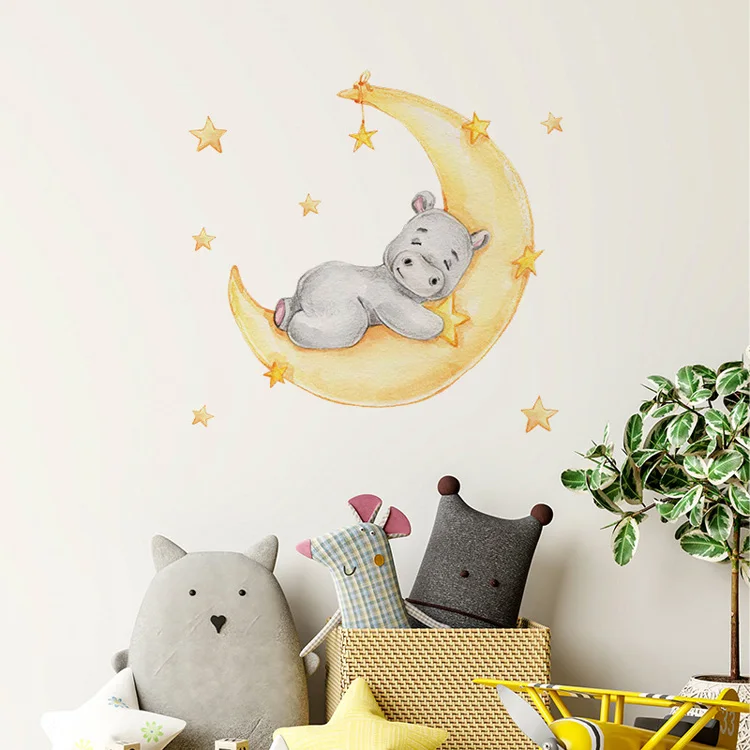 Cartoon-Wandaufkleber mit Mond und Nilpferd für Kinder, Babyzimmer, Dekoration, Zuhause, Wohnzimmer, Hintergrund, Wandbild, Tiere, Verschönerung der Tapete – Detail 6