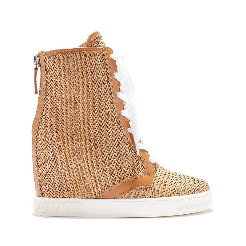 Popular Woman Cane Leather Cross Braided Hidden Wedge Ankle Boots Rattan Plaited Lace Up Boots Zipper High Top Sneaker