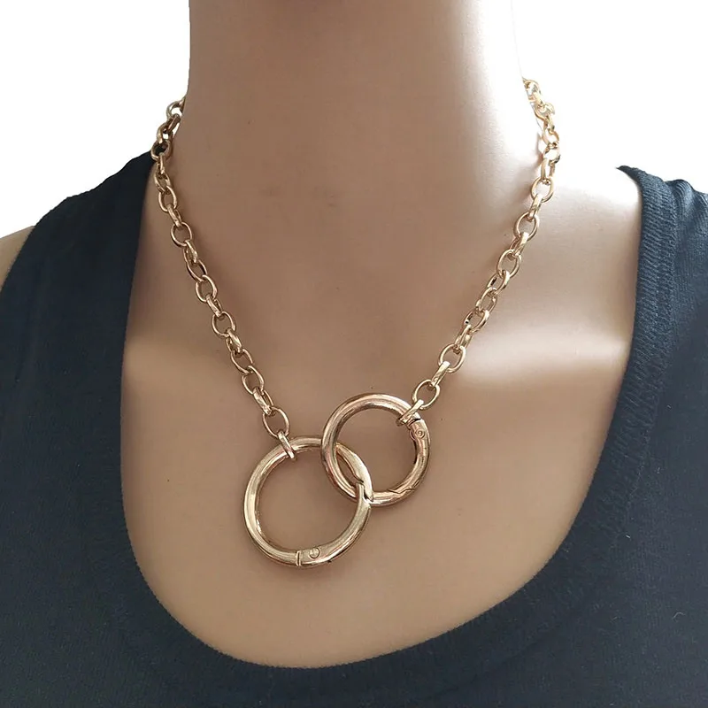Double Round Circle Lasso Chain Choker Handcuffs Pendant Charm Necklace Cool Collar Statement Necklaces