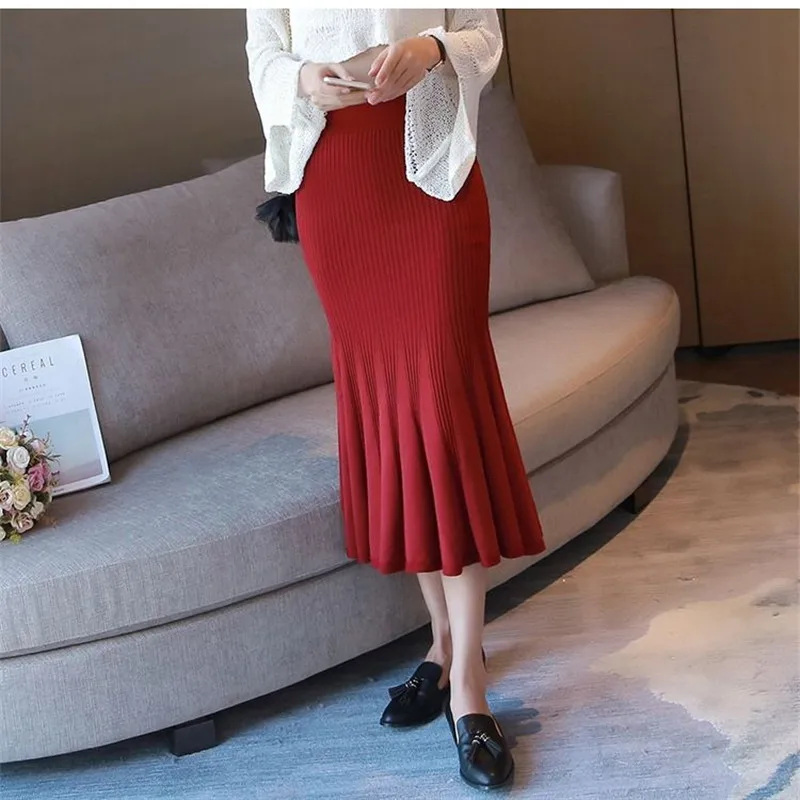 Women Skirt Knitted Ruffles High Waist Midi Skirt Red Black Party Club Sexy Skirt Autumn Winter Spring faldas femme jupes 2020