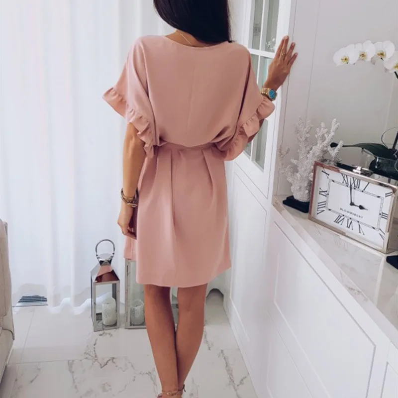 Summer Polyester Women\'s Dress Round Collar Short Sleeve Pullover Loose Sashes Solid Fashion Office Lady Dress