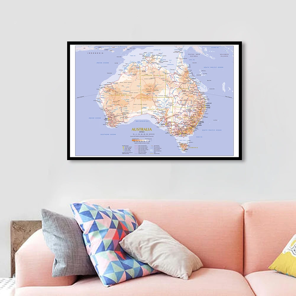 Imagem -02 - Mapa do Terreno e Trânsito da Austrália Arte da Parede Cartaz de Pintura em Tela Decoração de Casa Material Escolar Infantil 84*59cm