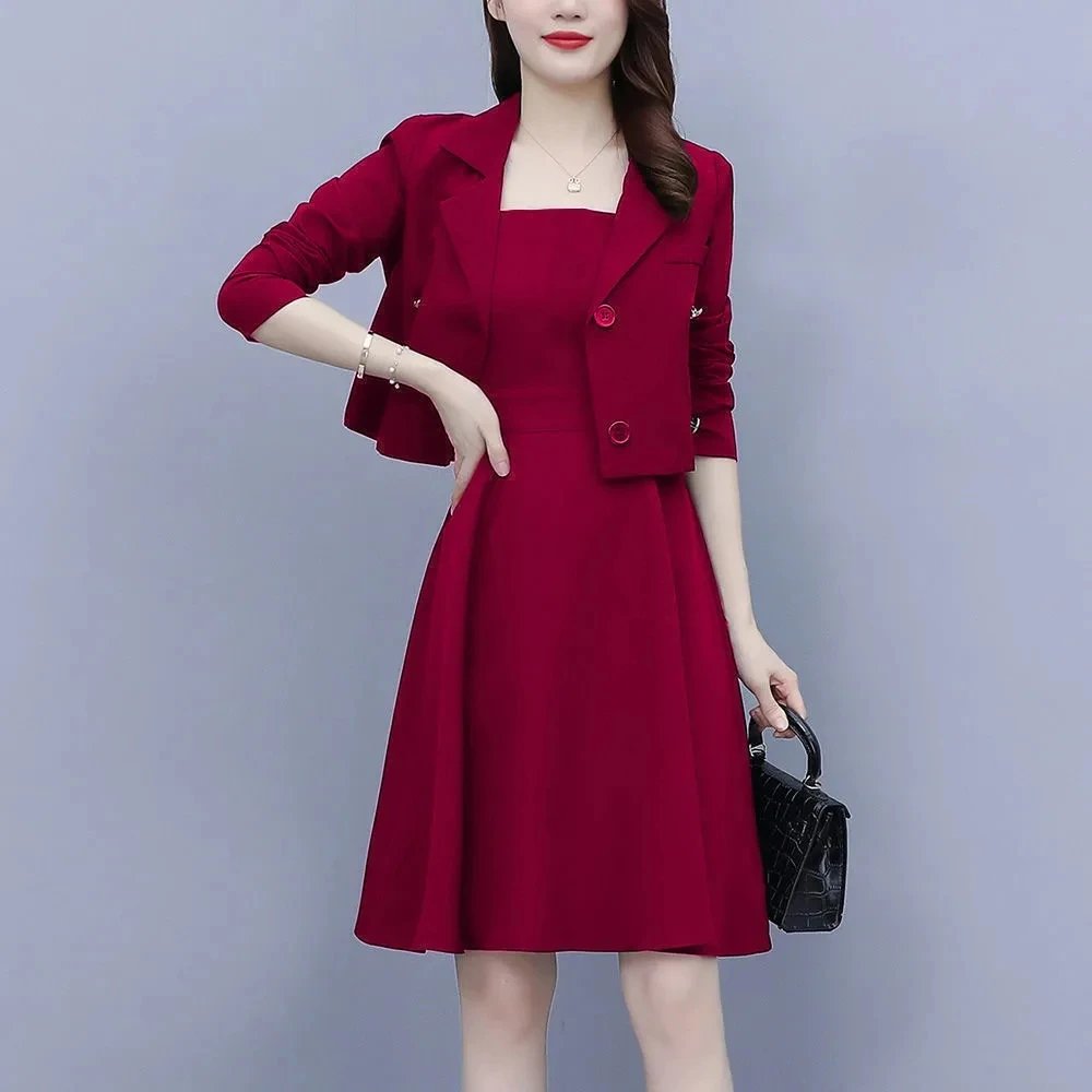 Office Lady Elegant 2 Piece Set Women Elegant Cropped Blazer Jacket And Sleeveless A-Line Tank Dress Suit Spring Thin Outfits