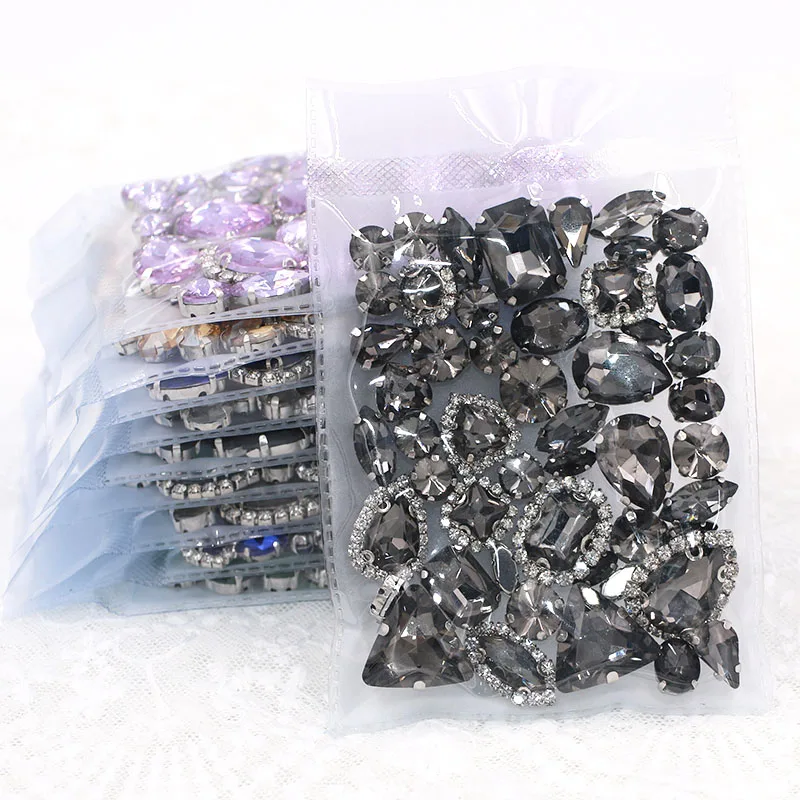 50pcs/Bag Gray Mixed Shape Sew on Glass Rhinestone Silver Claw and Crystal Buckle Diy Wedding Decoration Clothes/Shoe/Dress