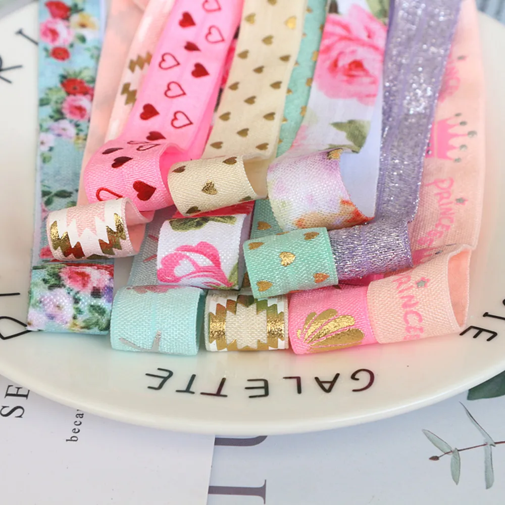 5Yards/Lot 5/8\'\' (16MM) Printed Elastic Ribbon FOE Fold Over Elastic Stretch Band DIY Crafts For Clothing Baby Headband Material