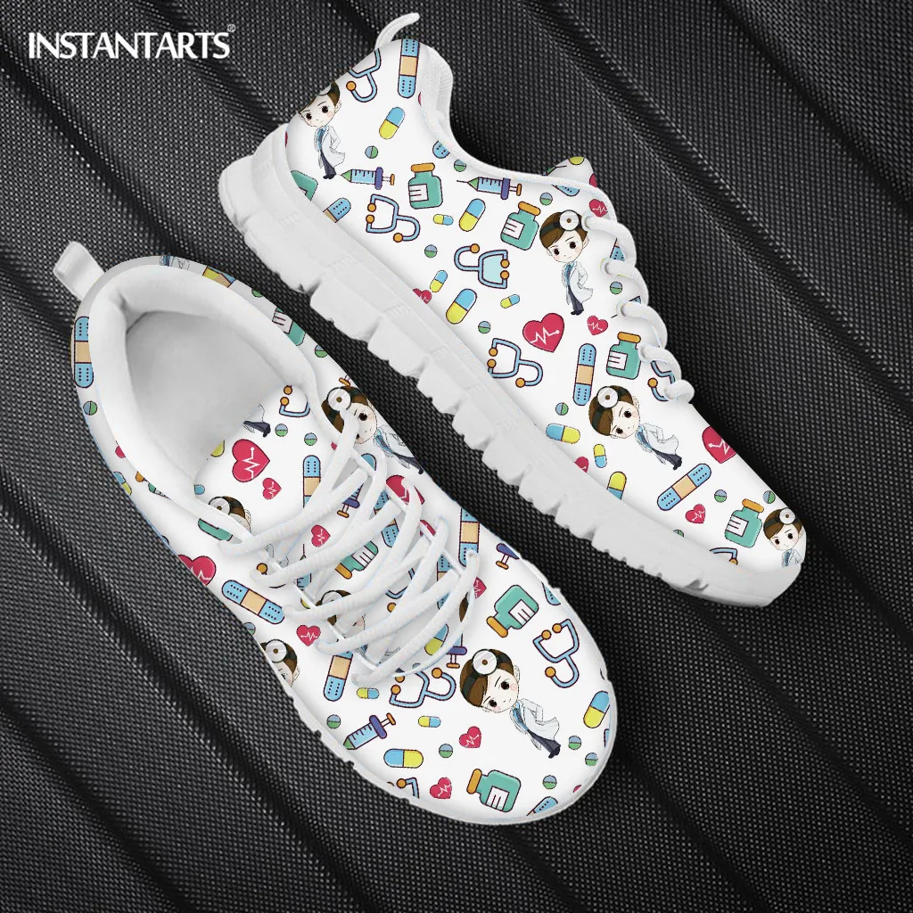 2025 Doctor Care Pattern Casual Shoes For Women Nursing Shoes Lace Up Female Flats Shoe Mesh Sneaker Zapatos Planos De Mujer