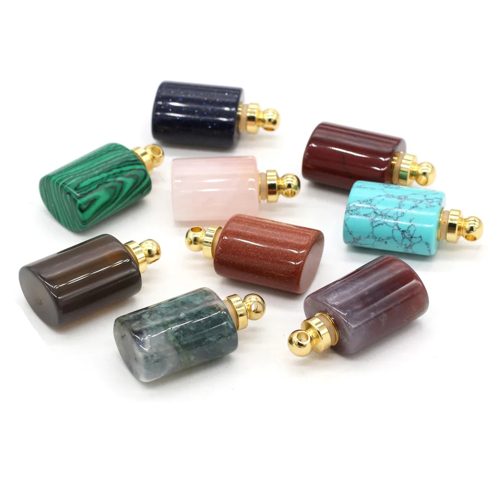 Natural Stone Perfume Bottle Pendant Flat Cylindrical Semi-precious Exquisite Charms For Jewelry Making DIY Necklace Accessory