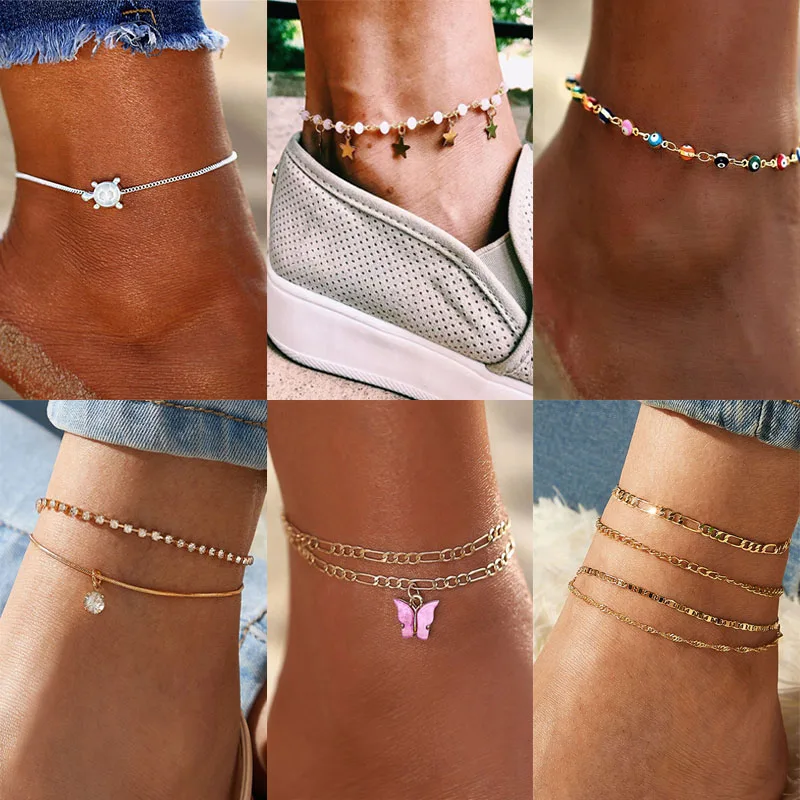 Bohemian Colorful Crystal Seed Beads Heart Anklets for Women Summer Ocean Beach Scallop Shell Ankle Bracelet Foot Leg Jewelry