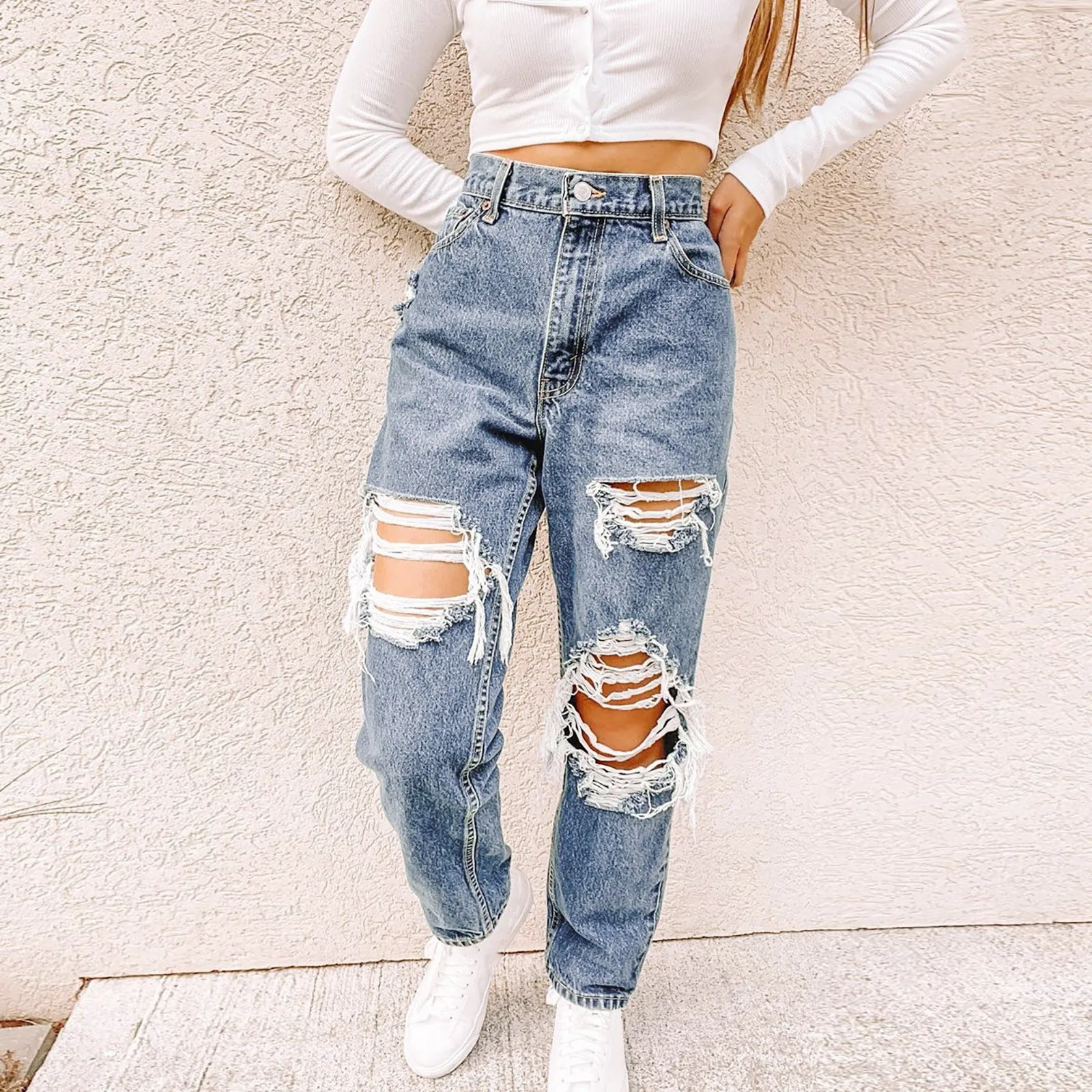 Fashion Ripped High Waist Jeans For Women Vintage Elastic Baggy Denim Trousers Streetwear Hole Hip Hop Pockets Jeans Pants D5