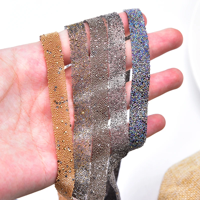 Caviar Beads Tape Hotfix Trimming 11Mm Wide Dense Rhinestone With Color Bead Glue Strip Diy Shoes Sweater Trouser Decorations