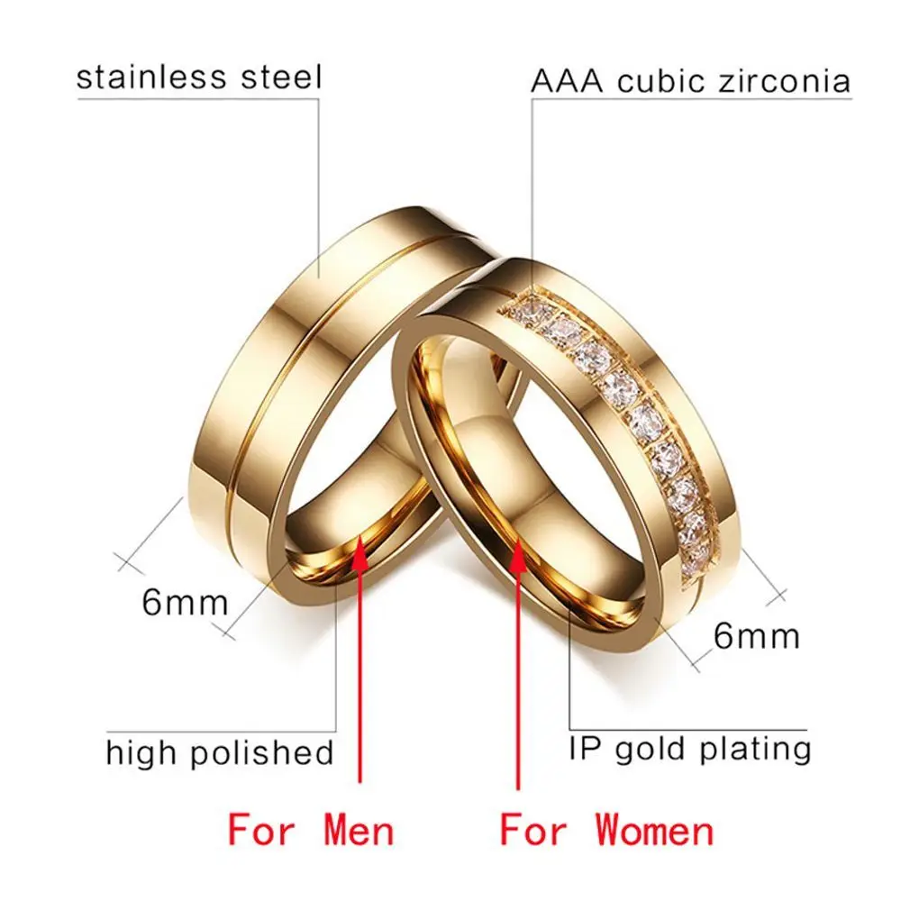 Women Men Wedding Band Rings For Love 18K Gold Plated AAA CZ Cubic Zirconia Stainless Steel Couples Ring Golden Silver Ring