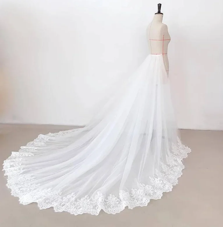 Wit Afneembare Tule Overrok Kant Applicaties Bridal Overlay Wedding Rok Lange Tule Over Maxi Party Rok Trein