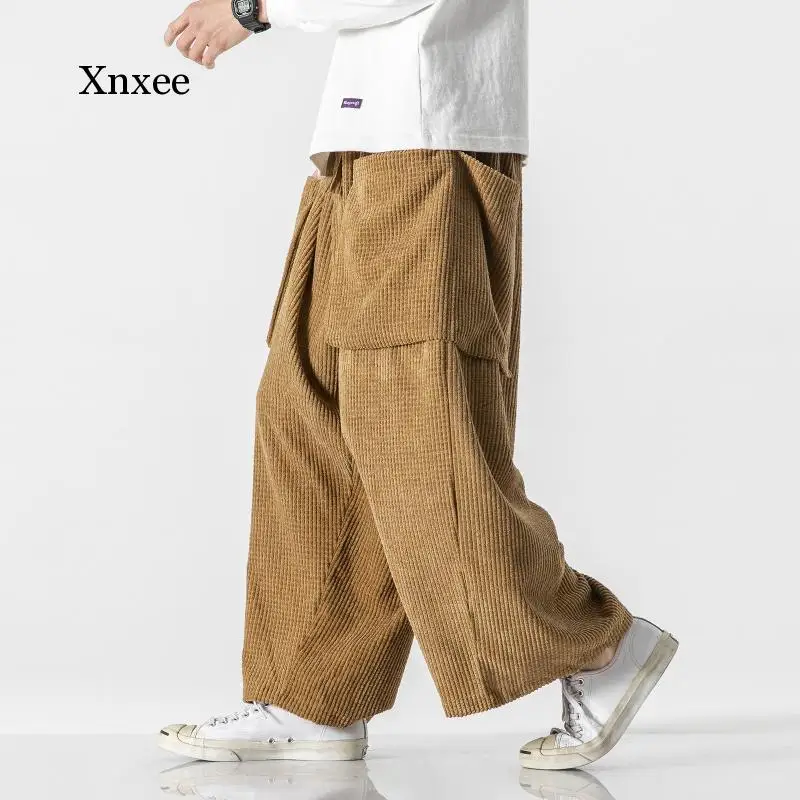 

Japanese Style Corduroy Casual Wide Leg Pants 2021 Fashion Harajuku Big Pocket Black Straight Trousers Bottoms Men