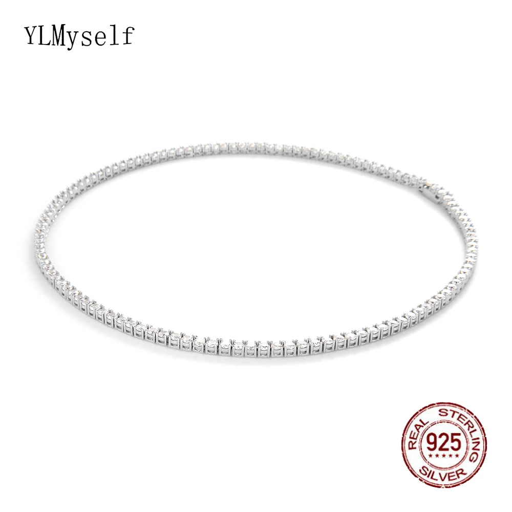 41CM (16 Inch) Eternity Engagement Wedding Choker Fine Jewelry Real 925 Sterling Silver 2 mm Cubic Zircon Tennis Chain Necklace