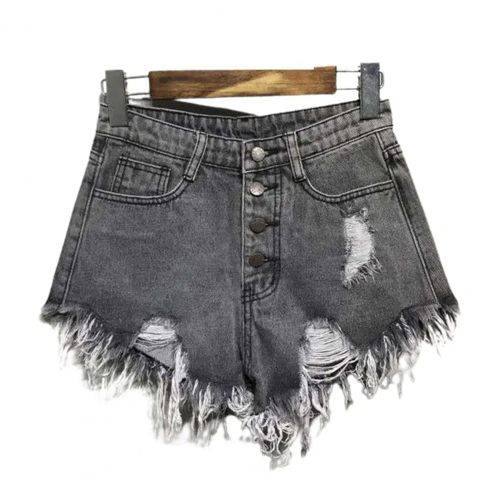 

Summer Women Tattered Style A Line Burrs Opening Denim Casual Loose Hight Waits Shorts 5 Colors Cool Denim Tassel Shorts шорты